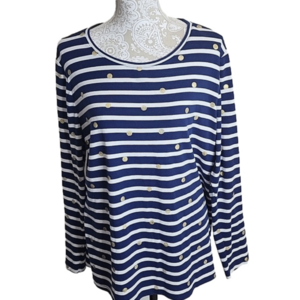 Lane Bryant navy & white striped long sleeve top w/gold polka dots, size 18/20